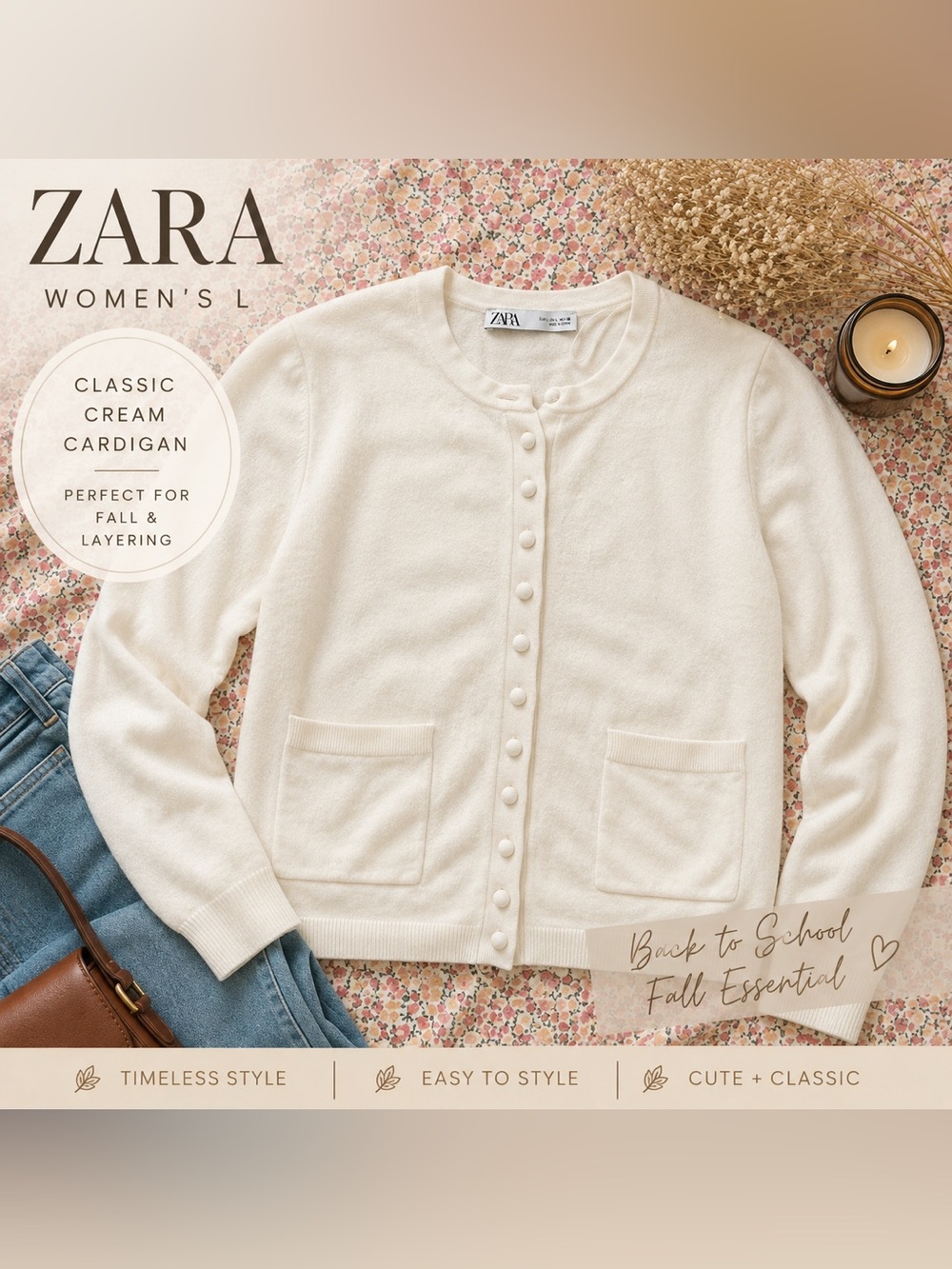 ZARA Cream Button Front Cardigan with Pockets Women’s L